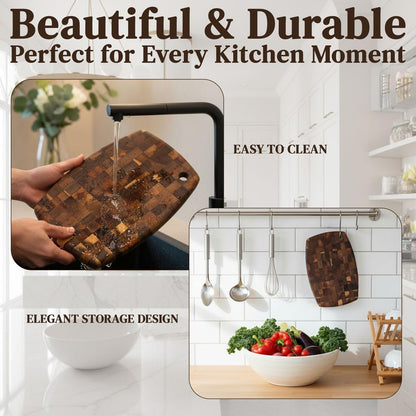 End Grain Acacia Wood Cutting Board 14" x 10" x 0.8" with Hanging Hole, Thick & Durable Butcher Block for Meat, Cheese, Fruit & Kitchen Prep – Knife Friendly, Non-Toxic, Plastic-Free by New M Way