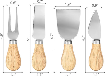 Cheese Knives Set with Wood Handle, Premium 4 PCS Mini Oak Wooden Cheese Knife for Charcuterie and Cheese Spread, Stainless Steel Cheese Slicer, Butter Cutter, Perfect tool for the Kitchen