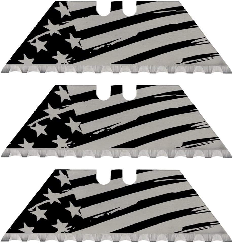 NDZ Performance Serrated Steel Blade Replacement for Utility Knife & Box Cutters, Custom Double Sided Laser Engraved Designs, Silver - Skull - 3 Pack