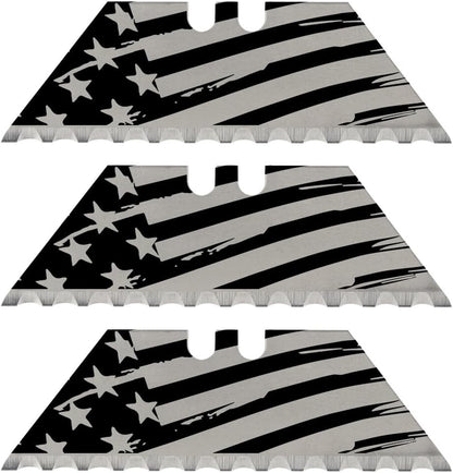 NDZ Performance Serrated Steel Blade Replacement for Utility Knife & Box Cutters, Custom Double Sided Laser Engraved Designs, Silver - Skull - 3 Pack