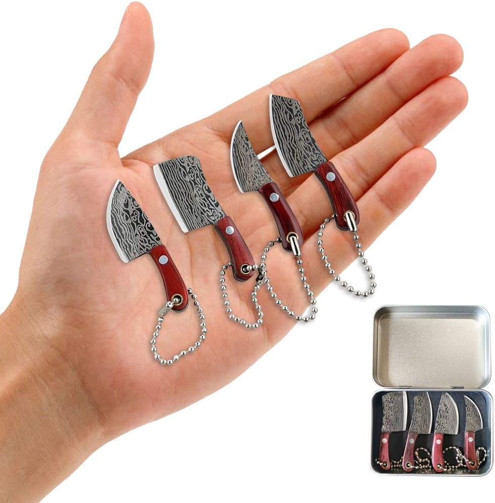 Damascus Pocket Knife Set Mini Chef Tiny Cleaver for Package Opener Box Cutter - of 4