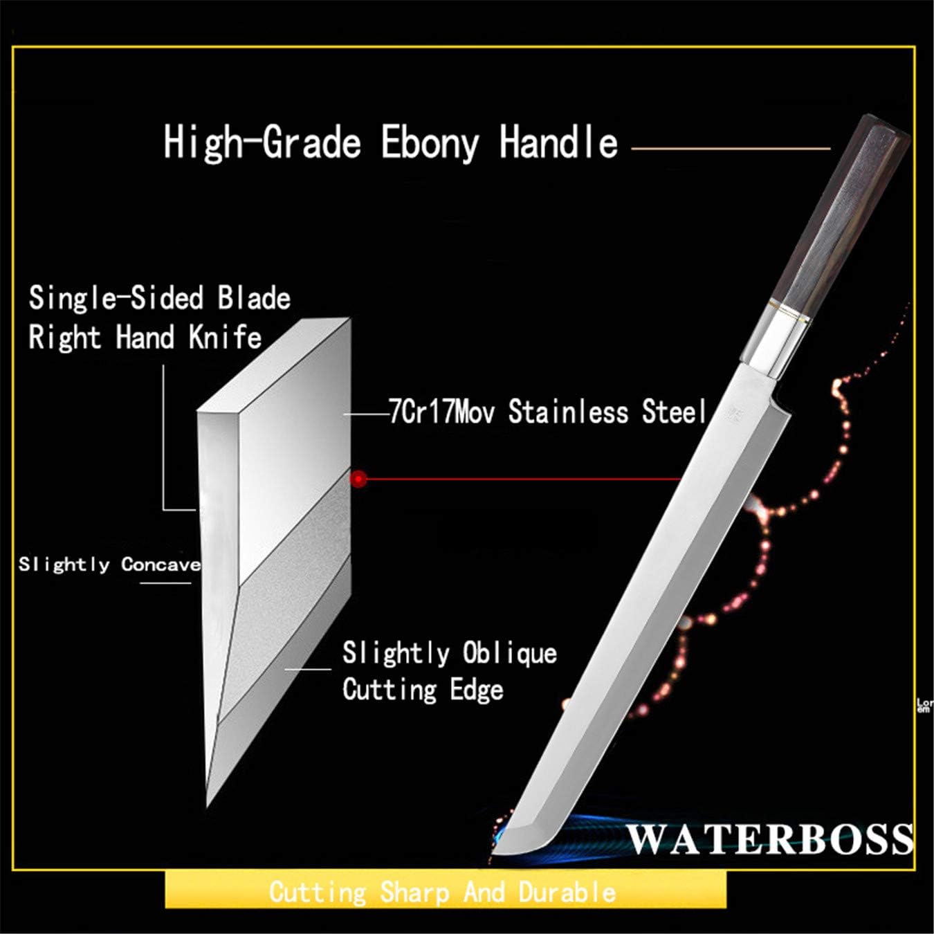 Waterboss,Japanese Sushi Chef Knife Salmon Knife Slicer Razor Sharp Sashimi Watermelon Knives, 5Cr15mov Stainless Steel Sashimi Yanagiba Knife, Maple Handle, 11.8inch (300mm)