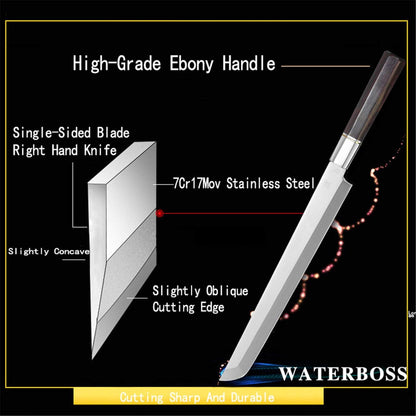 Waterboss,Japanese Sushi Chef Knife Salmon Knife Slicer Razor Sharp Sashimi Watermelon Knives, 5Cr15mov Stainless Steel Sashimi Yanagiba Knife, Maple Handle, 11.8inch (300mm)