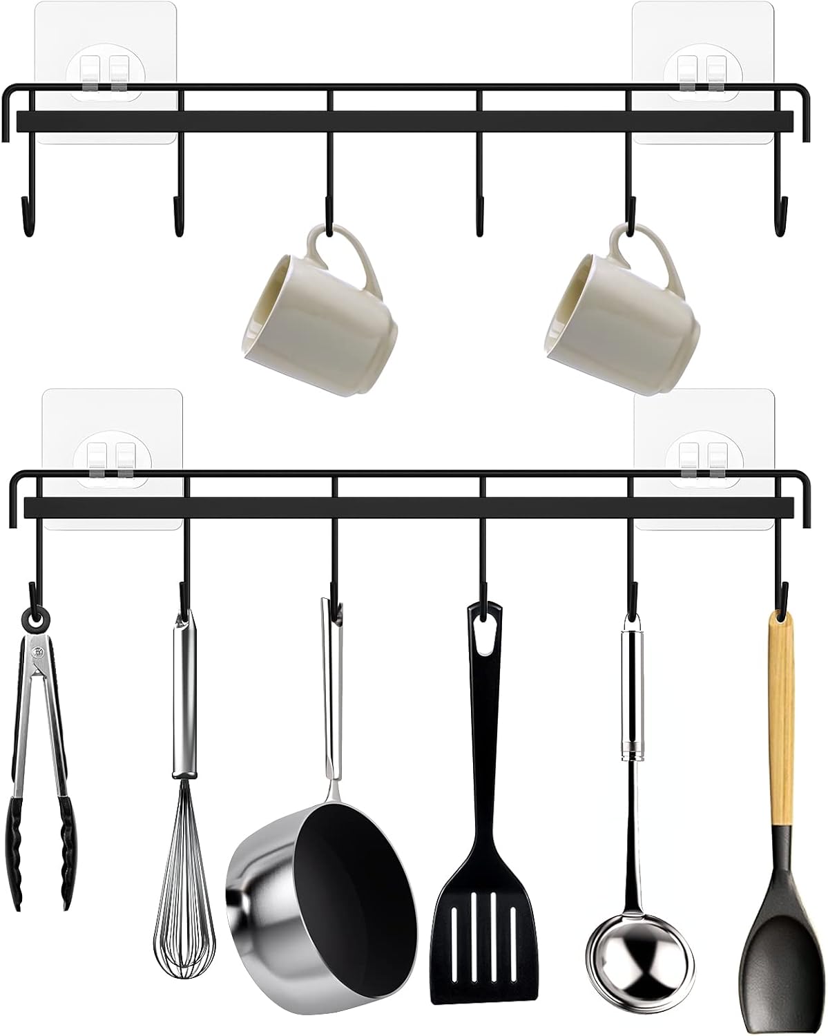 Kitchen Utensil Hanger, Adhesive Utensil Holder Wall Mount Kitchen Rack Rail with 12 Hooks, Space Saving and No Drilling, White, 2 Pcs