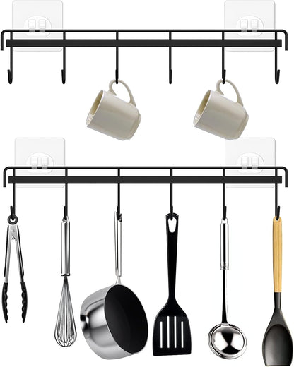 Kitchen Utensil Hanger, Adhesive Utensil Holder Wall Mount Kitchen Rack Rail with 12 Hooks, Space Saving and No Drilling, White, 2 Pcs