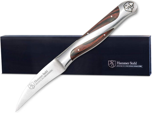 Hammer Stahl Bird's Beak Paring Knife - German High Carbon Steel - Sharp Small Kitchen Knife for Vegetables and Fruits - Ergonomic Quad-Tang Pakkawood Handle