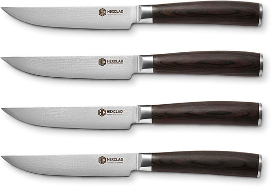 HexClad Green Steak Knife Set, 4-Pieces Damascus Stainless Steel Blades, Full Tang Construction, Pakkawood Handles