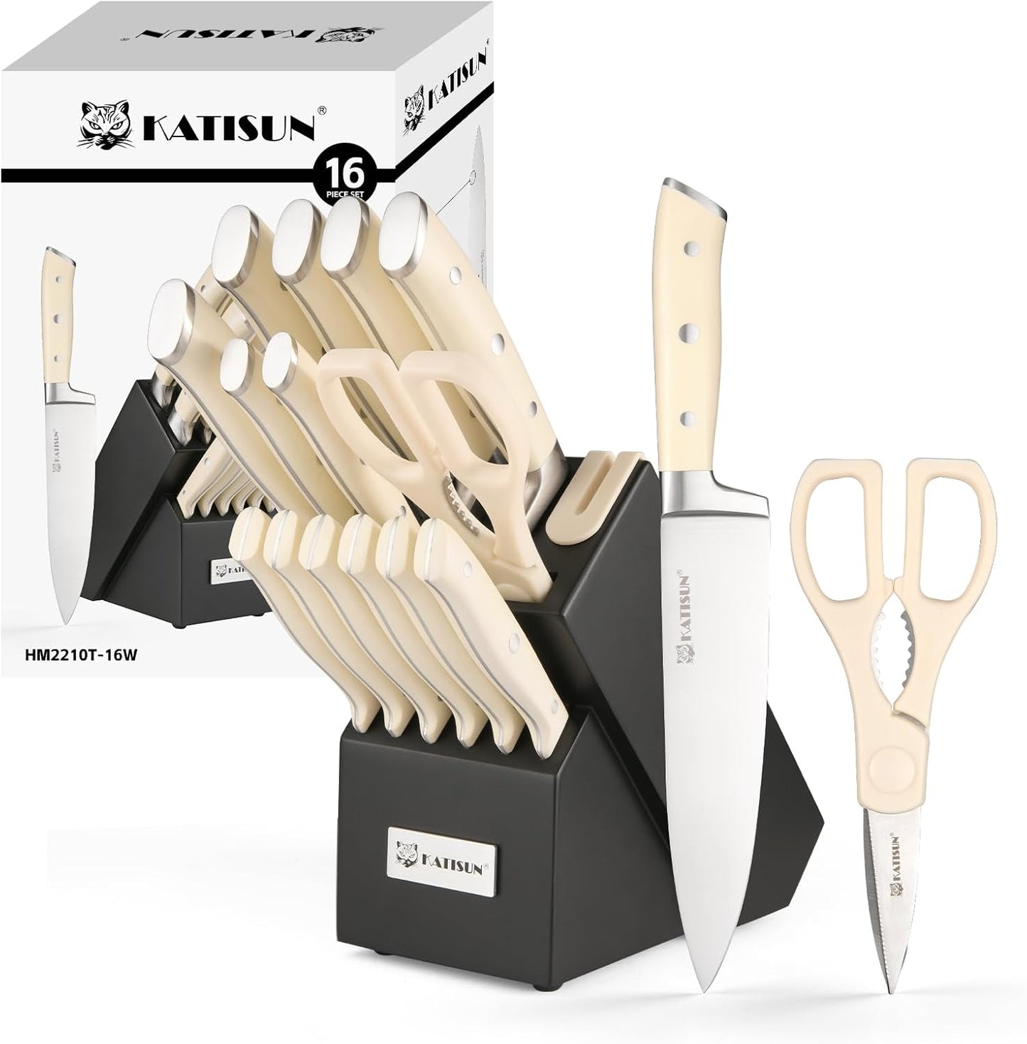 Kitchen Knife Set,14-Piece Knife Set With Block Wooden, Self Sharpening For Chef Knife Set, High Carbon German Stainless Steel Hammered Collection Knife Block Set, Dishwasher Safe Cutlery, Cream