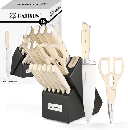 Kitchen Knife Set,14-Piece Knife Set With Block Wooden, Self Sharpening For Chef Knife Set, High Carbon German Stainless Steel Hammered Collection Knife Block Set, Dishwasher Safe Cutlery, Cream