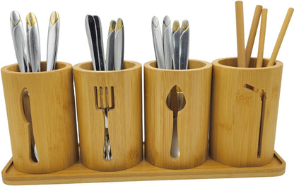 Bamboo Cutlery Holder Set - 3 Kitchen Utensils Holder Organiser with Bamboo Tray | Decorative Kitchen Countertop Stand | Knife, Fork and Spoon Holders