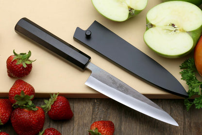 Yoshihiro Kurouchi Black-Forged Blue Steel Stainless Clad Santoku Chefs Knife and Petty Utility Knife 2pc Set Ebony Handle (Santoku 165mm / Petty 135mm & Saya Cover)