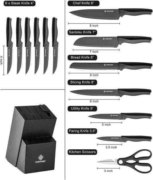 Knife Set, KUNYUAN 15 pieces Knife Sets for Kitchen,High Carbon German Stainless Steel Knife Block Set with Built in Sharpener Block,Dishwasher Safe Kitchen Knife Set, Black