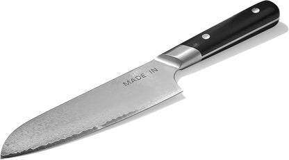 Made In Cookware | 6" Japanese Damascus Steel Santoku Knife | 66 Layers of Damascus Steel with a VG-10 Core | Crafted in Japan | Full Tang With Black POM Handle