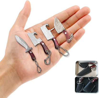 Damascus Pocket Knife Set Mini Chef Tiny Cleaver for Package Opener Box Cutter - of 4