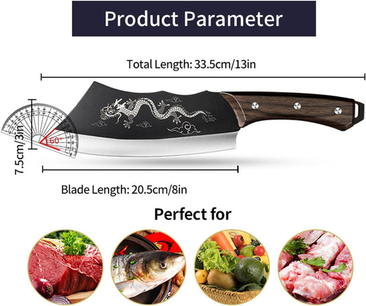 Plys 8 Inch Meat Cleaver Knife, High Carbon Steel Dragon Butcher Knife with Leather Sheath, Razor Sharp Full Tang Chopper for Kitchen Outdoor Camping BBQ, Gift for Men Women