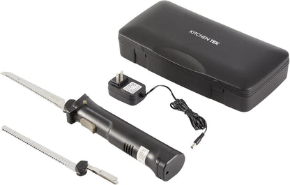 Restaurantware-Kitchen Tek Electric Knife Set, 1 Electric Knife With Motorized Handle - Includes 1 Bread and 1 Carving Tool, 1 Case, Black Plastic Food Cutter With Stainless Steel Blades