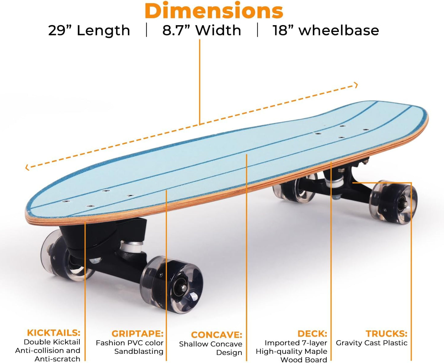 Nattork Complete Kid Skateboards 29" x 9" Youth Cruiser Skateboard for Beginners Double Kick Deck Concave Girls or Boys Skateboard