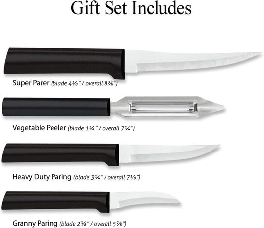 Rada Cutlery Meal Prep Gift Set (G205), 4-Piece Knife Set, Stainless Steel Blades, Black Handle