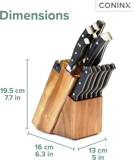 Coninx Acacia Wood Kitchen Knife Block - 15 Slots Knife Holder - Professional Quality Wood Knife Organizer - Secure Knife Stand To Keep Knives Neat & Sharp - Knife Blocks for Kitchen Knife Storage
