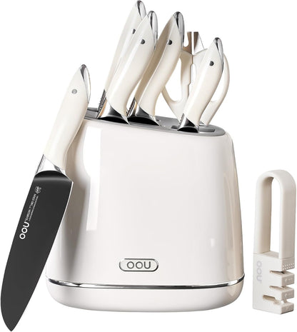 OOU Kitchen Knife Block Set - 15 Pieces High Carbon Stainless Steel Knife Block Set with Built-in Sharpening Blocks, Black