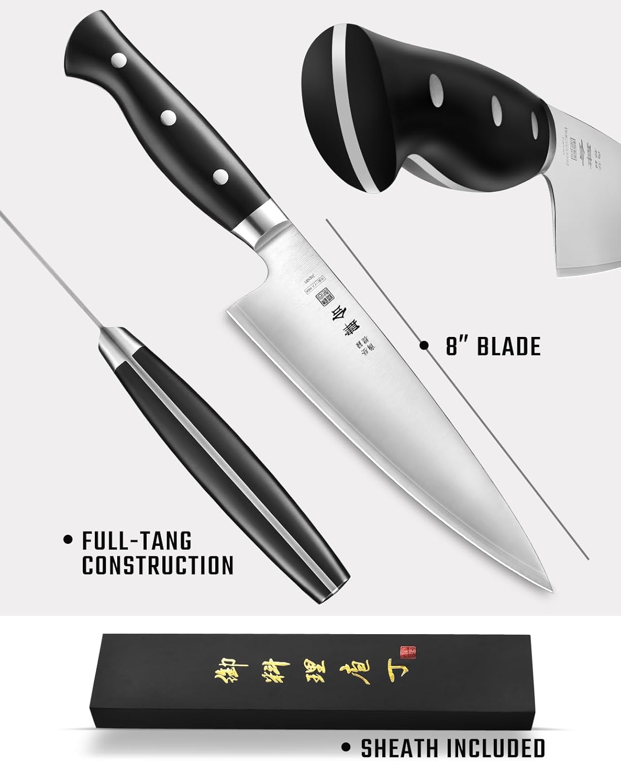 kanngou 8 Inch Chef Knife, Kitchen Knife with 440A AllOY Steel, Japanese Chefs Knife with Gift Box and Full-Tang Black POM Handle