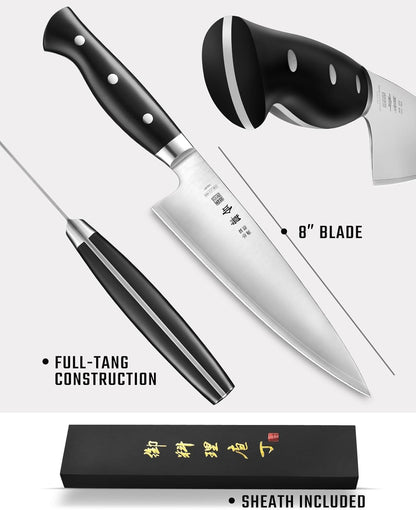 kanngou 8 Inch Chef Knife, Kitchen Knife with 440A AllOY Steel, Japanese Chefs Knife with Gift Box and Full-Tang Black POM Handle