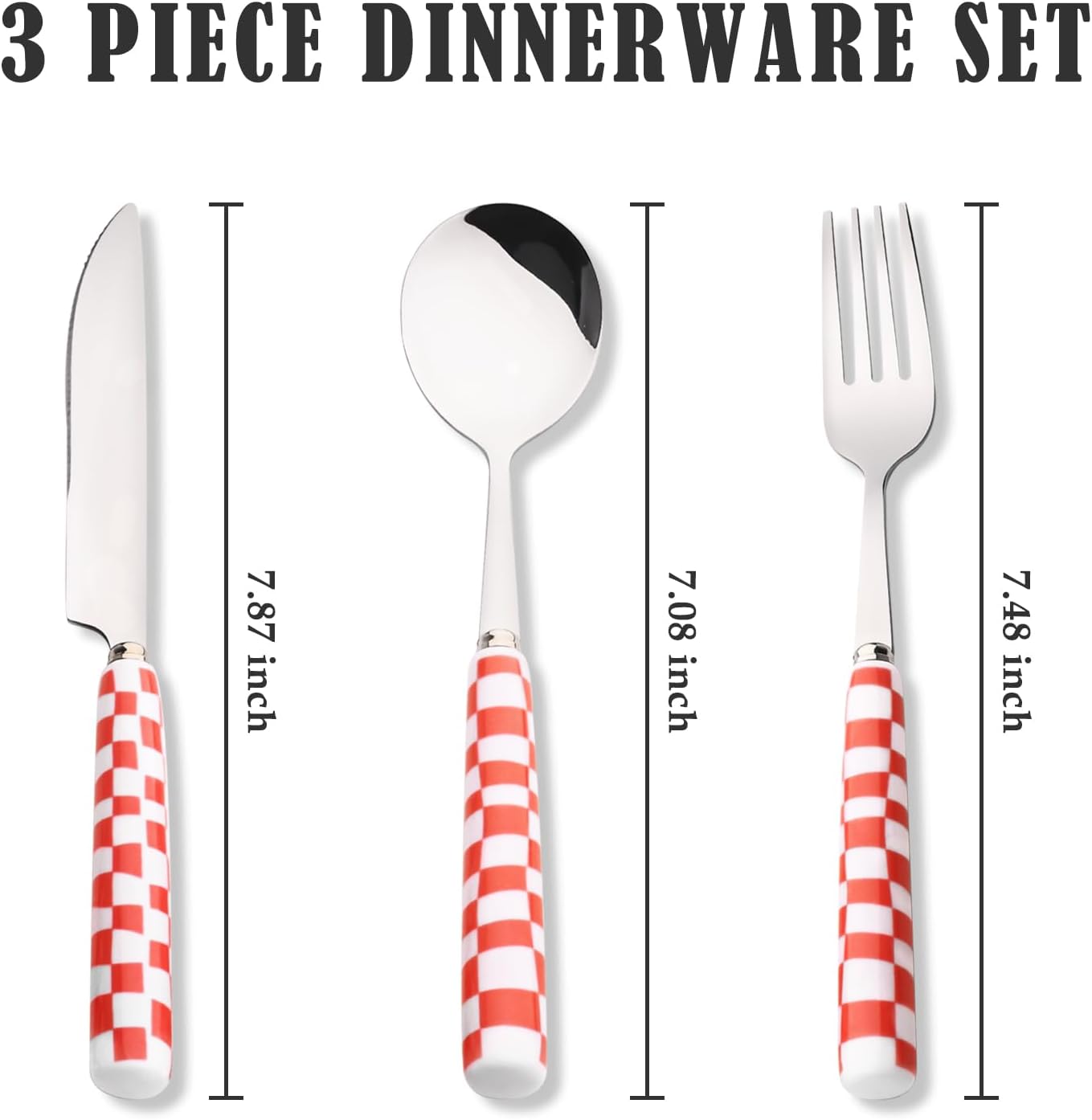 Koythin 3-Piece Cutlery Set, Stainless Steel Flatware Sets with Yellow Checkerboard Pattern Ceramic Handle, Utensils including Knife Fork Spoon (Yellow)