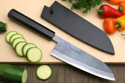 Yoshihiro Kurouchi Black-Forged Blue Steel Stainless Clad Santoku Chefs Knife and Petty Utility Knife 2pc Set Ebony Handle (Santoku 165mm / Petty 135mm & Saya Cover)