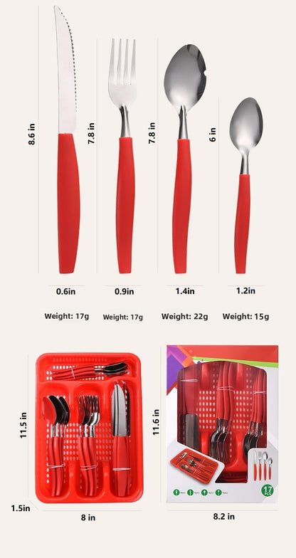 25-piece dinnerware set with red handles. The set includes 1 storage box, 6 knives, 6 forks, 6 long spo and 6 short spoons. Suitable for daily use at home or camping.