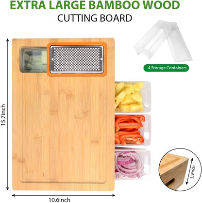 Bamboo Cutting Board with Containers, Lids, and Graters, Large Wood Cutting Board with Containers, Food Dropping Zone, Carving Board with Easy-grip Handle, Juice Groove