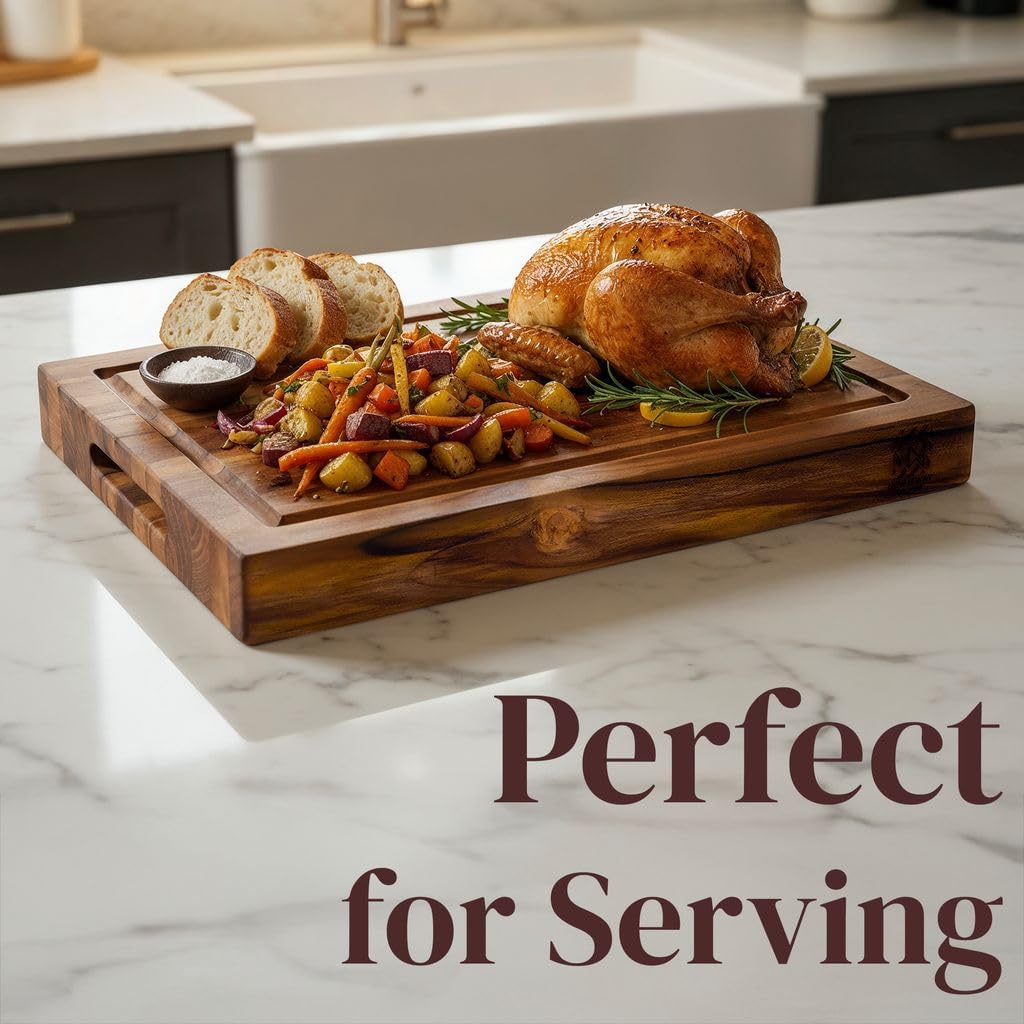 Teak Wood Cutting Board 18" x 14" x 0.6", 2-Piece Set for Kitchen Meat & Food Prep - Large Thin Edge Grain, Deep Juice Groove, Lightweight Solid Hardwood, Non-Toxic, BPA Free by New M Way