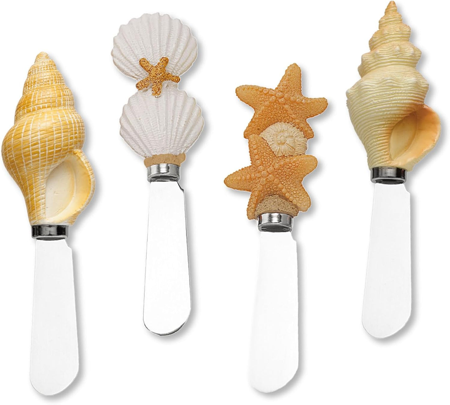 Supreme Housewares Seashell Cheese Spreaders, Hand-Painted Resin Handles with Stainless Steel Blades for Spreading Cream Cheese, Butter, and Jam, Assorted Designs, Set of 4