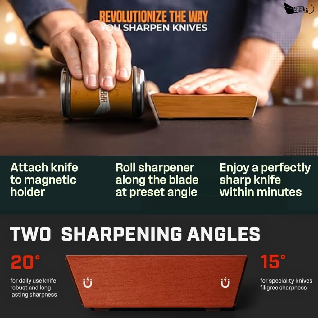 Rolling Knife Sharpener Kit with Leather Strop – Easy Knife Sharpening at 15° & 20° Angles – Magnetic Holder for Safe, Precise Sharpening – Great Kitchen Gift for Home Cooks