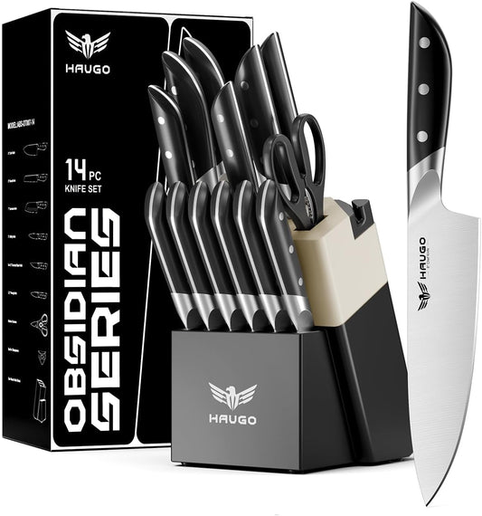 Kitchen Knife Set with Block: 14-Piece German Stainless Steel Full Tang Professional Knife - Comfortable Grip Reduces Hand Fatigue 30% - Dishwasher Safe & Sharpener - White Knife Set for Cooking