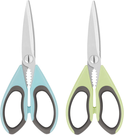 Kitchen Scissors, Sharp Knife Stainless Steel Blades, Soft Grip, Dishwasher Safe, Light Green/Sky Blue, Pack of 2