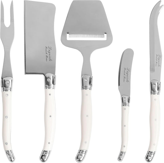 French Home 5-Piece Laguiole Cheese Knives Set with Fork and Slicer – Versatile Charcuterie Board Accessories with Three-Rivet Mist-Colored Handles & Iconic Bee Emblem