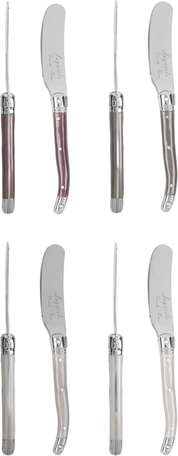 French Home Laguiole Spreader Set – 8 Piece Cheese & Butter Spreader Set with Blue and Cream Handles – Elegant & Practical Charcuterie Tools (6.25")