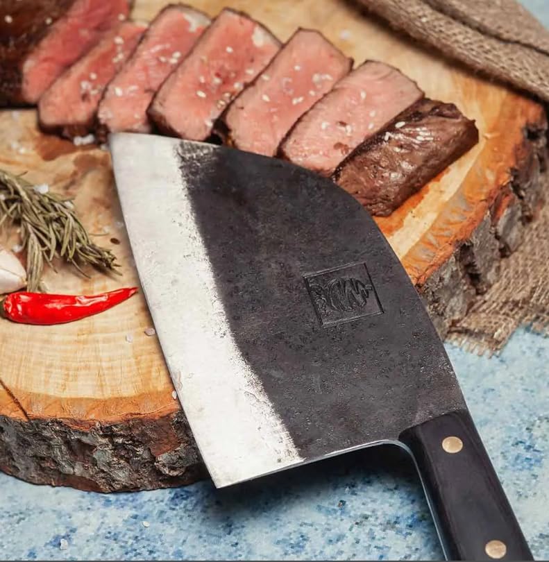 COOLINA Daozi 8" Butcher Knife, Hand-Forged High-Carbon Steel Cleaver for Heavy-Duty Meat Cutting, Slicing, Chopping, Brisket & BBQ, Full-Tang Forged Blade with Ergonomic Wood Handle