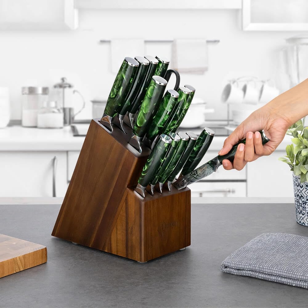 SENKEN 8-piece Engraved Japanese Kitchen Knife Set & Beautiful Green Resin Epoxy Handles - Wasabi Collection - Chef's Knife, Santoku, Cleaver, Paring, & More