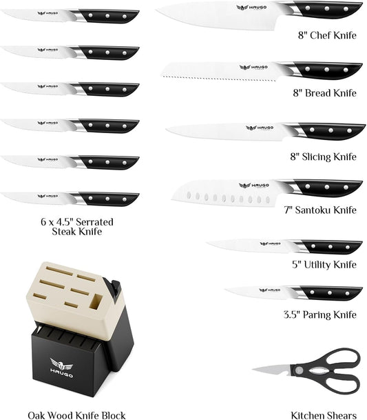 Kitchen Knife Set with Block: 14-Piece German Stainless Steel Full Tang Professional Knife - Comfortable Grip Reduces Hand Fatigue 30% - Dishwasher Safe & Sharpener - White Knife Set for Cooking