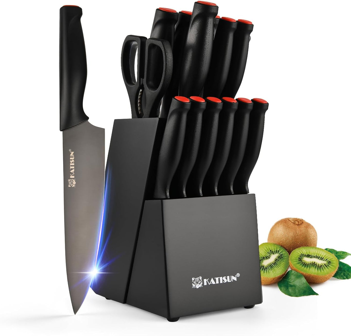 Kitchen Knife Set,14-Piece Knife Set With Block Wooden, Self Sharpening For Chef Knife Set, High Carbon German Stainless Steel Hammered Collection Knife Block Set, Dishwasher Safe Cutlery, Cream