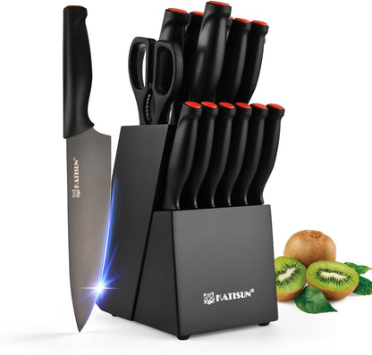 Kitchen Knife Set,14-Piece Knife Set With Block Wooden, Self Sharpening For Chef Knife Set, High Carbon German Stainless Steel Hammered Collection Knife Block Set, Dishwasher Safe Cutlery, Cream