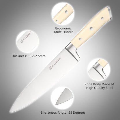 Kitchen Knife Set,14-Piece Knife Set With Block Wooden, Self Sharpening For Chef Knife Set, High Carbon German Stainless Steel Hammered Collection Knife Block Set, Dishwasher Safe Cutlery, Cream