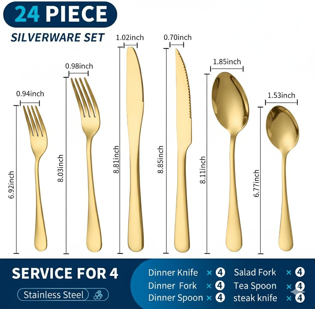GPY Black Silverware Set, 24-Piece Stainless Steel Flatware Set Service for 4, Titanium Plated Black Eating Utensils, Modern Mirror Finish Cutlery for Kitchen & Home