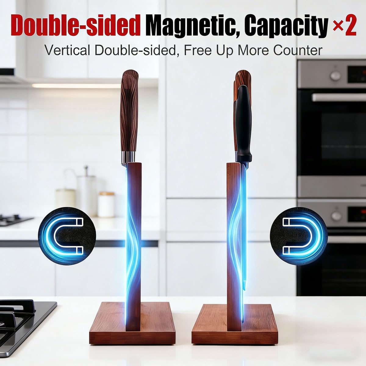 Bamboo magnetic knife holder - Double-Sided magnetic knife block with Strong Magnets, Space-Saving knife magnetic strip for Kitchen Countertop, Multipurpose knife organizer