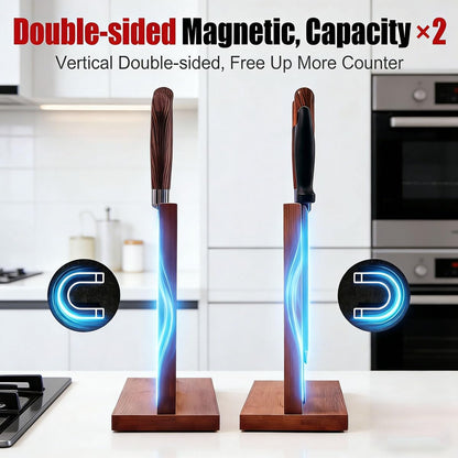 Bamboo magnetic knife holder - Double-Sided magnetic knife block with Strong Magnets, Space-Saving knife magnetic strip for Kitchen Countertop, Multipurpose knife organizer