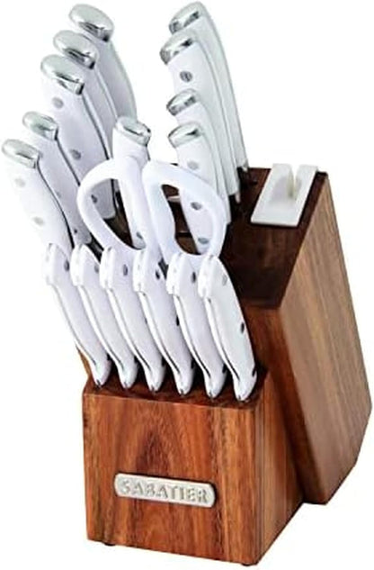Sabatier 15-Piece Forged Triple Rivet Knife Block Set, High-Carbon Stainless Steel Kitchen Knives, Razor-Sharp Knife set with Acacia Wood Block, White Handles