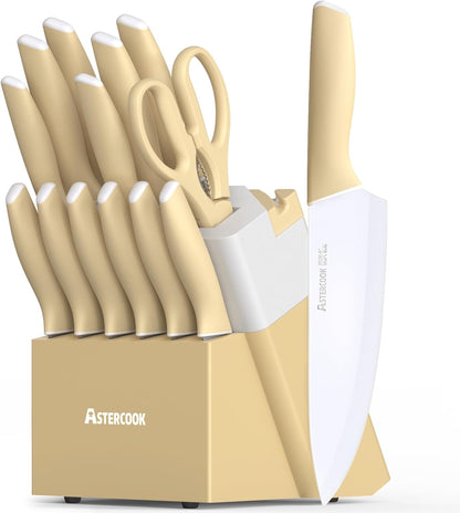 Astercook Knife Set, Kitchen Knives Set with Block and Sharpener 15 Pcs German Stainless Steel Knives Sharp Blade Dishwasher Safe Deba Knives with Ergonomic Handle, Crystal Pink