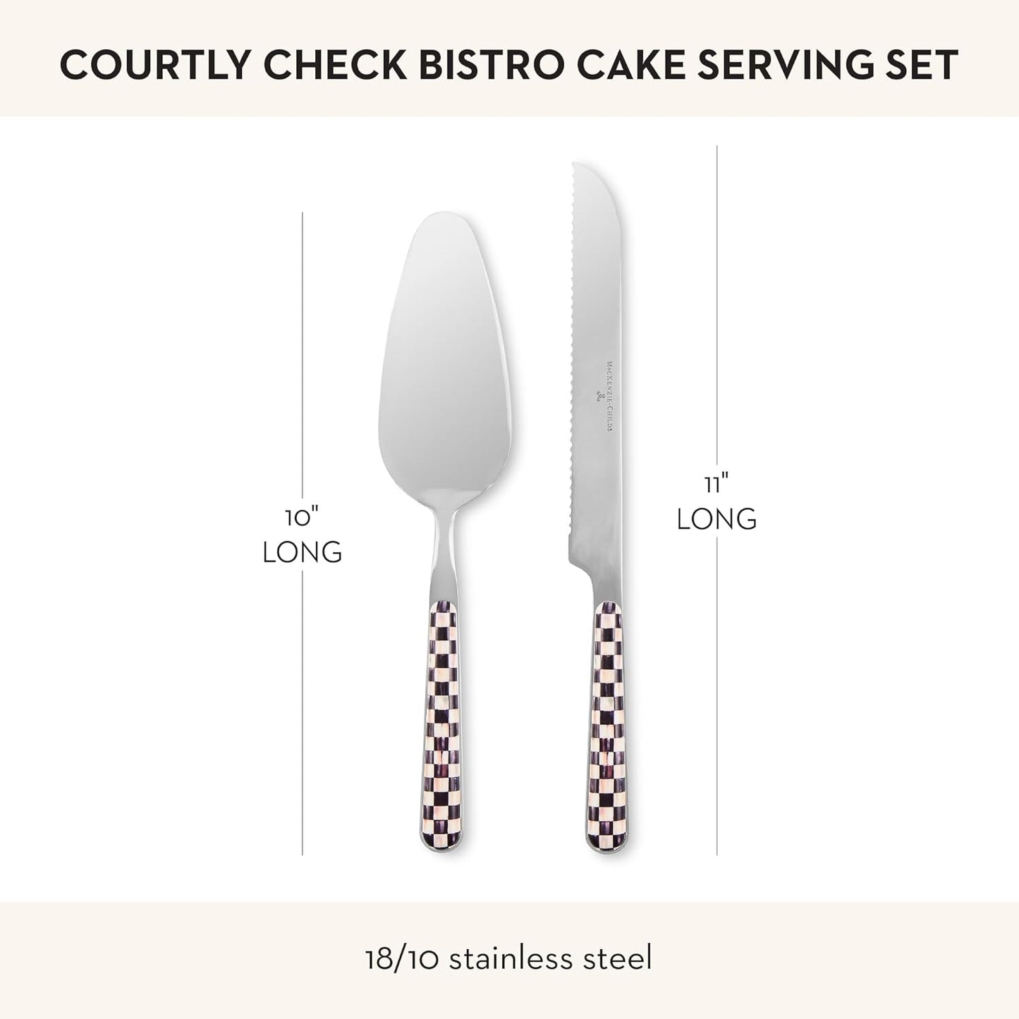 MACKENZIE-CHILDS 2-Piece Bistro Cake Serving Set, Stainless-Steel Cake Spatula and Knife, Gray-and-White Sterling Check
