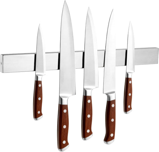 YC Kitchen Magnetic Knife Holder for Wall, 16 Inch Stainless Steel Knife Magnetic Strip for Knives, Tools, Supplies - Drilling incl/Self Adhesive Tape，with 2 hooks